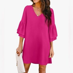 Belongsci Hot Pink V-Neck Chiffon Shift Dress Bell Sleeves Barbie Size XXL NWT